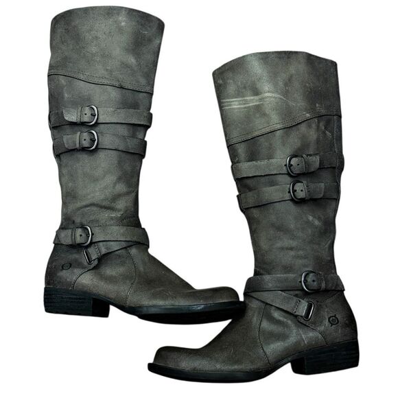 BORN Odom Leather Tall Riding Boots Gray Brown Distressed Buckle Strap Detail Wo - Picture 1 of 7